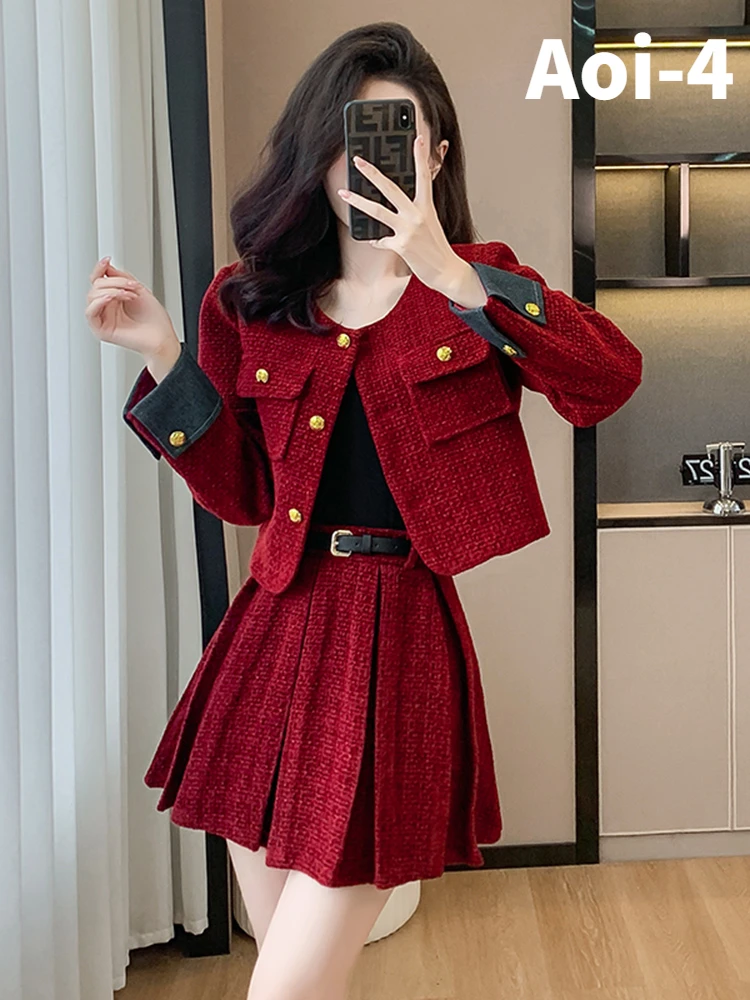 Fashion Elegant Red Suit Women\'s 2023 Autumn Winter Crewneck Gold Buckle Long Sleeve Coat+Pleated Skirt With Belt Two-Piece Set