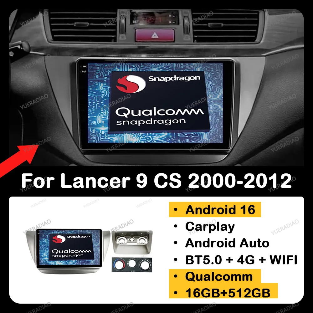 Radio para coche Android 16 para Mitsubishi Lancer 9 CS 2000 - 2012, reproductor multimedia estéreo de vídeo, GPS NAVI, 4G, WIFI, Carplay, Auto QLED, BT