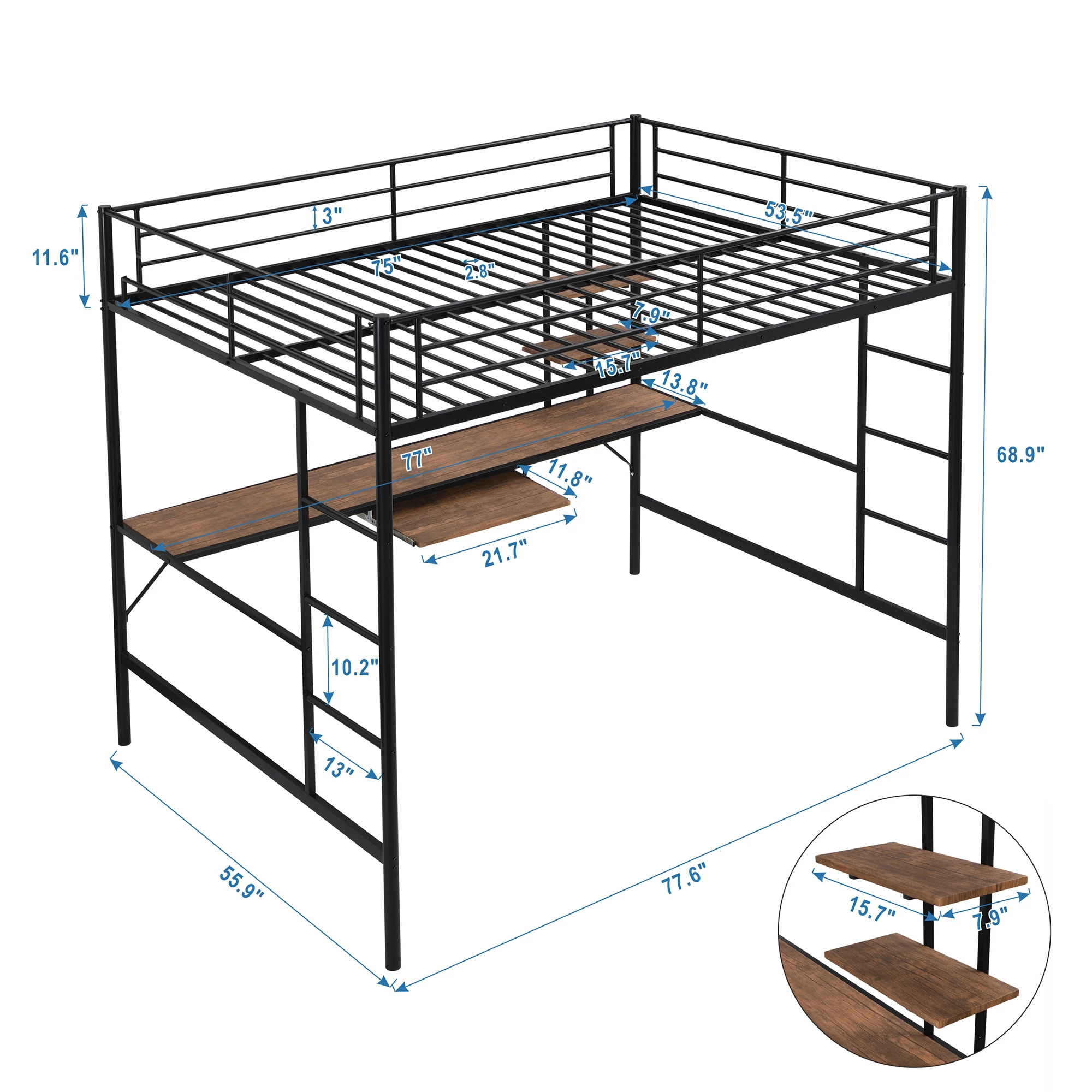 [Flash Sale]Full Size Loft Bed with Desk and Shelf Space Saving Design Black Metal Frame[US-W]