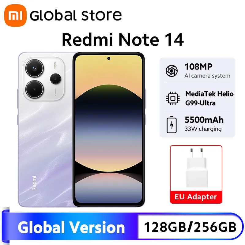Глобальная версия, новый смартфон Xiaomi Redmi Note 14, 6,67 дюйма, AMOLED, 6 ГБ/8 ГБ ОЗУ, MediaTek Helio G99-Ultra, 5500 мАч, 108 МП, камера