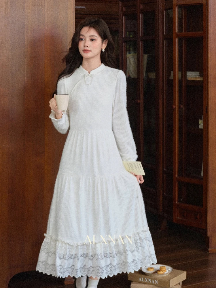 

ALXNAN Long Dresses Knitted Fabric Long Sleeves Hollowed-out Lace Splicing Soft Elegance Versatile Autumn A-line Dresses L57927