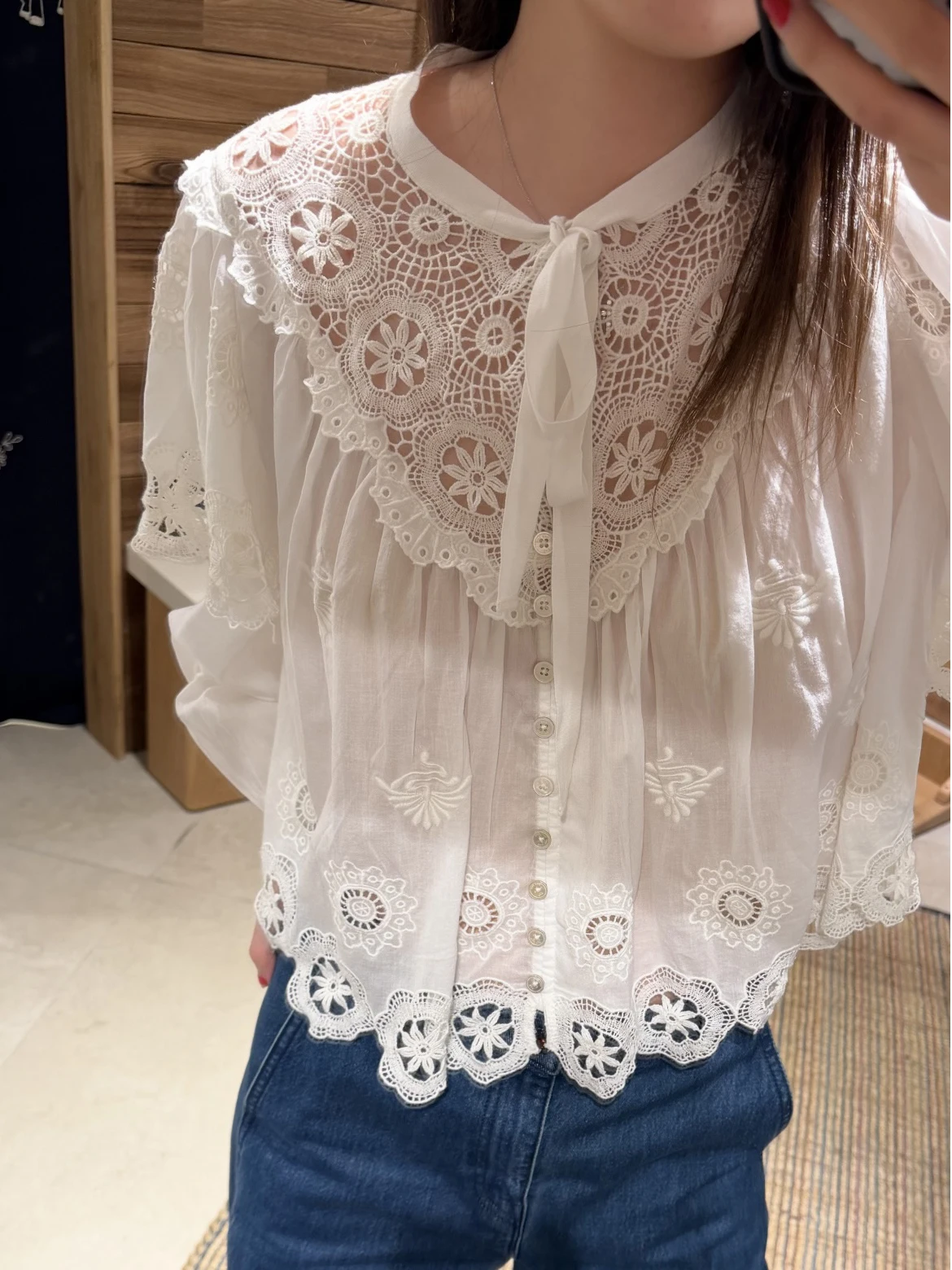 

HEIDD Spring Summer Floral Embroidery Loose Long Sleeve Shirt Stand Collar Button Detail Cotton Breathable Women's Business C...