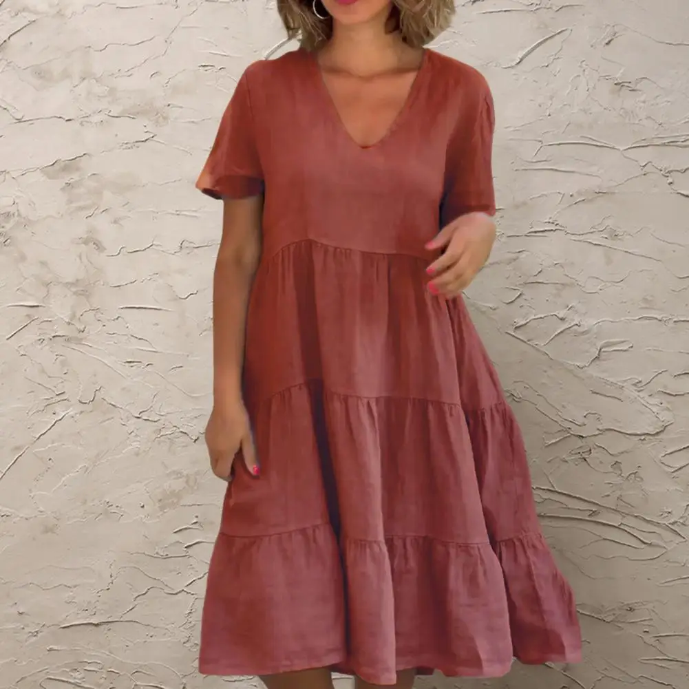 

Lady Midi Dress Flattering V-neck A-line Swing Dress Stylish Patchwork Hem Short Sleeves Loose Fit For Dating Commute