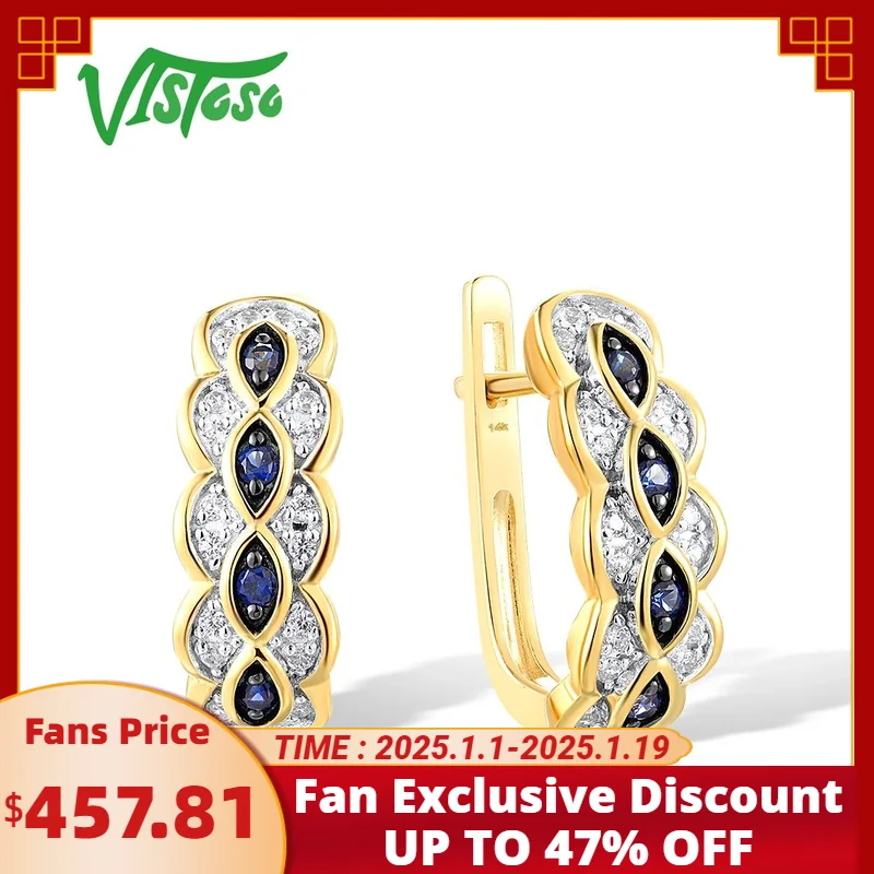 VISTOSO 14K 585 Yellow Gold Earrings For Women Sparkling Diamond Blue Sapphire Delicate Wedding Anniversary Fine Jewelry