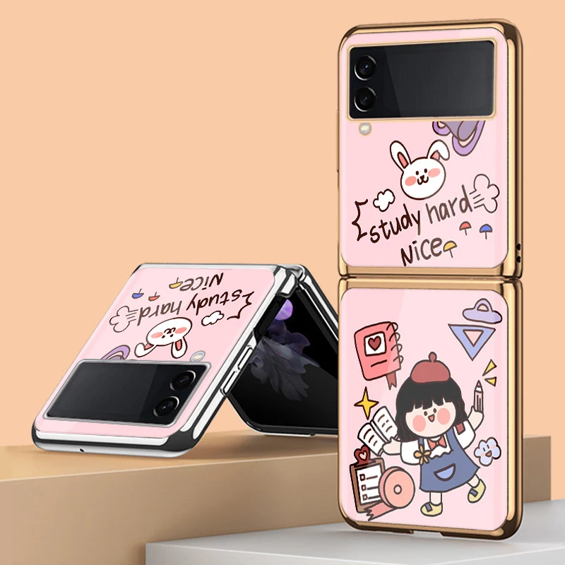 Z Flip 4 Funda Case for Samsung Galaxy Z Flip 4 3 2 1 Study Chick Plating Tempered Glass Coque Protection Phone Case Cover