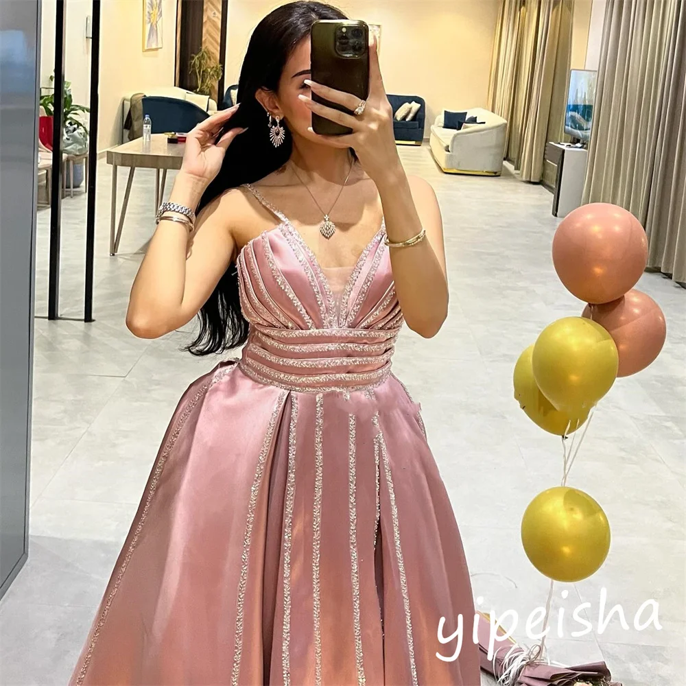 Jiayigong Sparkle Prom Satin Drapiertes Valentinstagskleid Spaghettiträger Maßgeschneiderte lange Kleider für besondere Anlässe