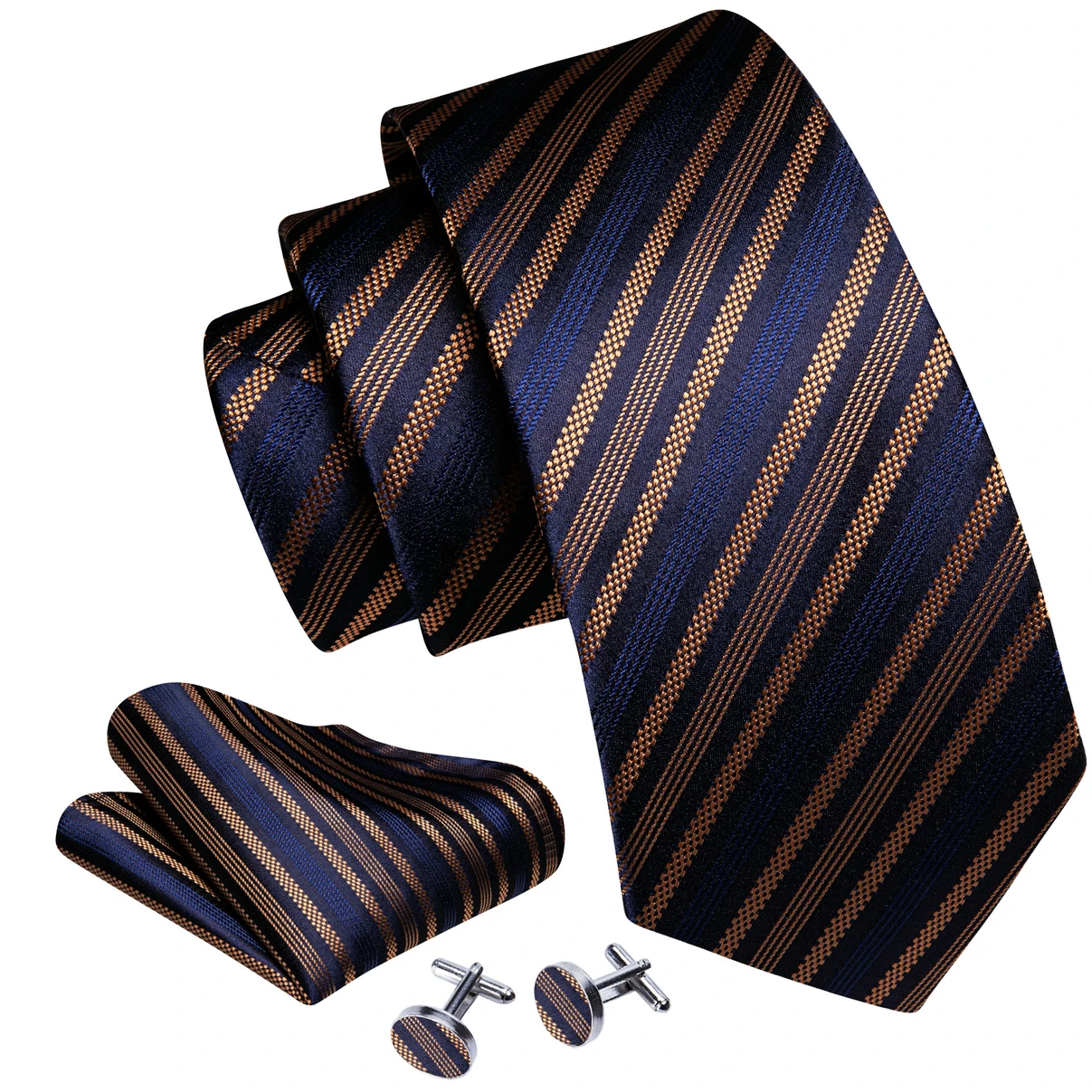 Designer Stripe Men Ties Navy Gold Retro Woven Neck-Tie Pocket Square Cufflinks Sets Wedding Gift Business Barry.Wang FA-6259