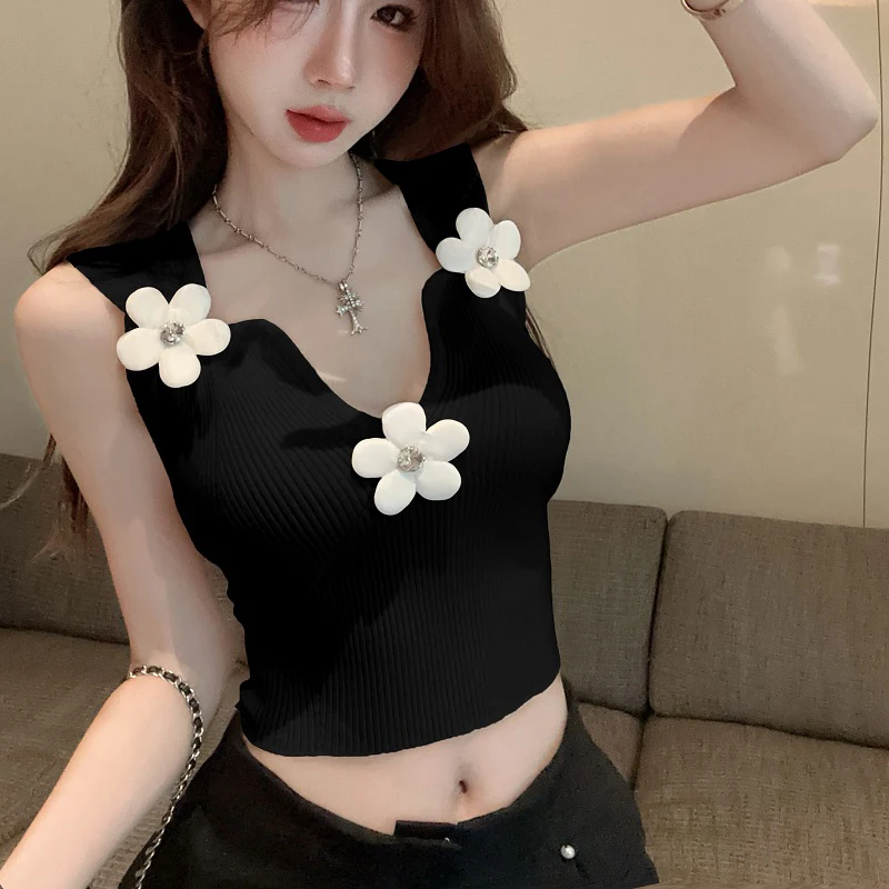 Korean 3D Floral Tank Top Women Deep V-Neck Sweet Summer Vacation Fashion Vest Solid Skinny Stretchy Harajuku Cropped Tops