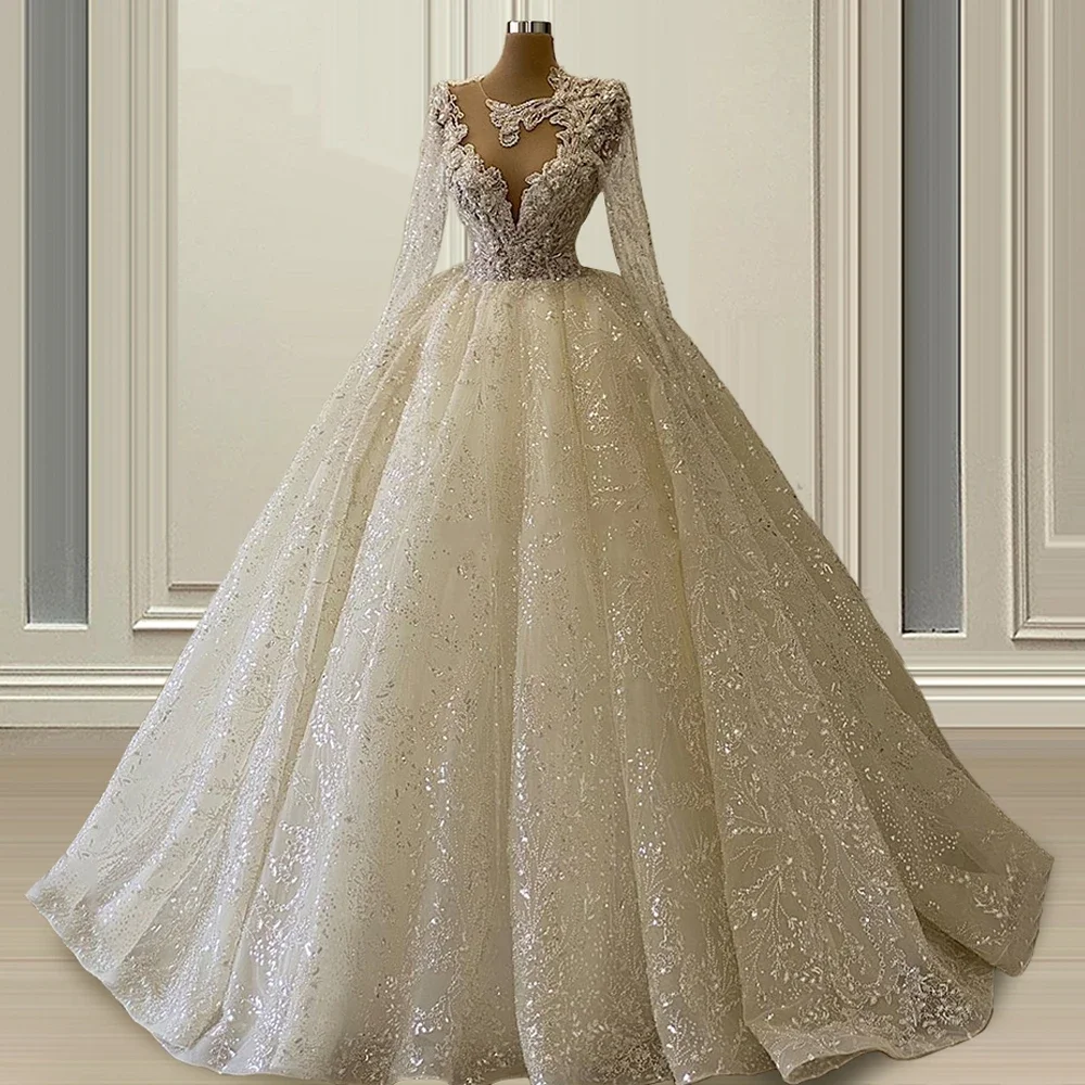 

Luxury Appliqué Wedding Dresses Fluffy Sweep Train Beaded Crystals Bridal Gown Saudi Arabia Princess Ball Gown Custom Made