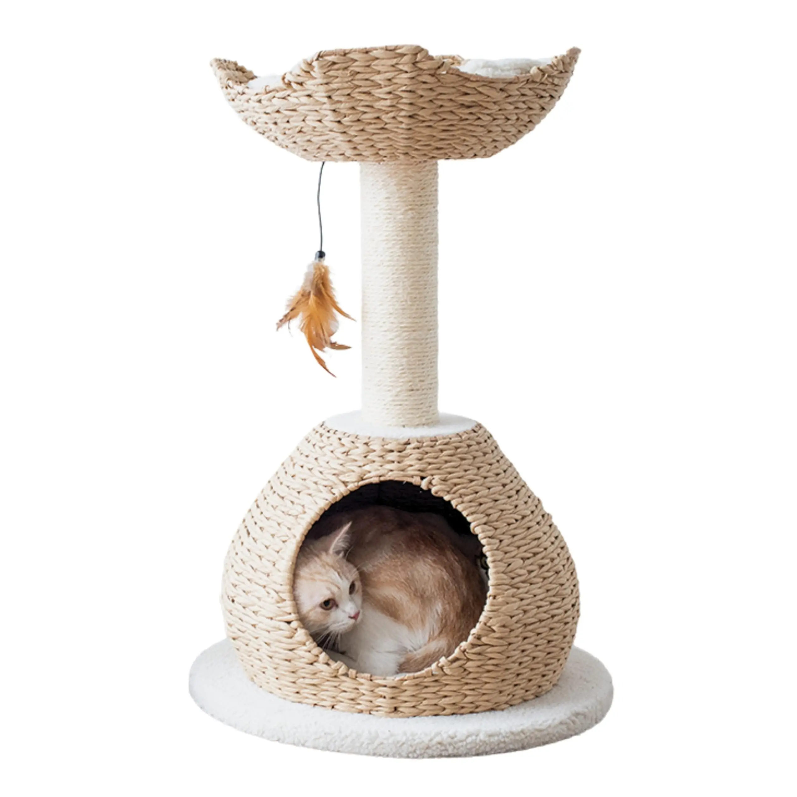 2-Level Cat Tree with Handwoven Paper Rope Condo, Top Basket Bed, Sisal Scratching Post, Removable Washable Cushions