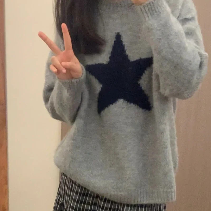 Gray Autumn Pullovers Women Simple Vintage Star Print Japanese Style Soft Lazy O-neck Casual Sueter Mujer All-match Knitted Chic