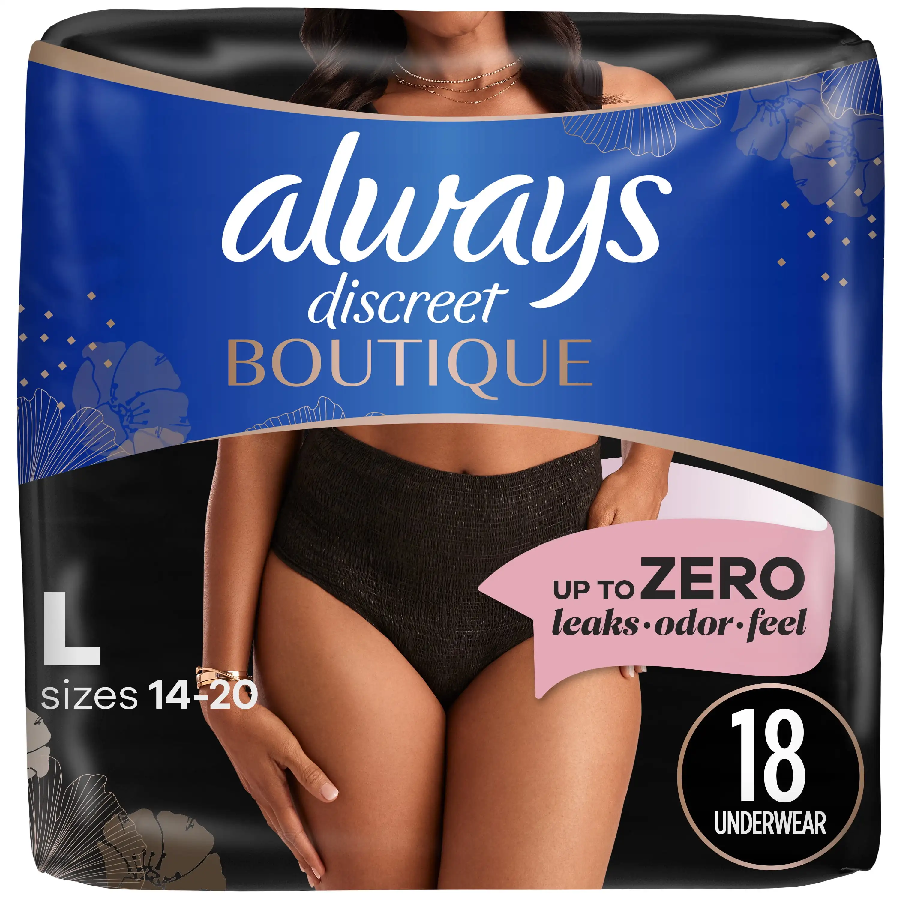 

Boutique Incontinence and Postpartum Underwear for Women, Maximum Protection, L, Black, 18 Count