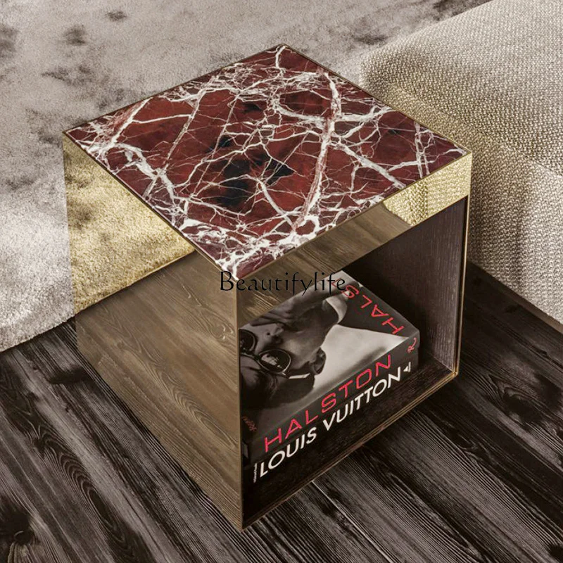 

Light luxury marble stainless steel edge table black titanium steel color living room square coffee table