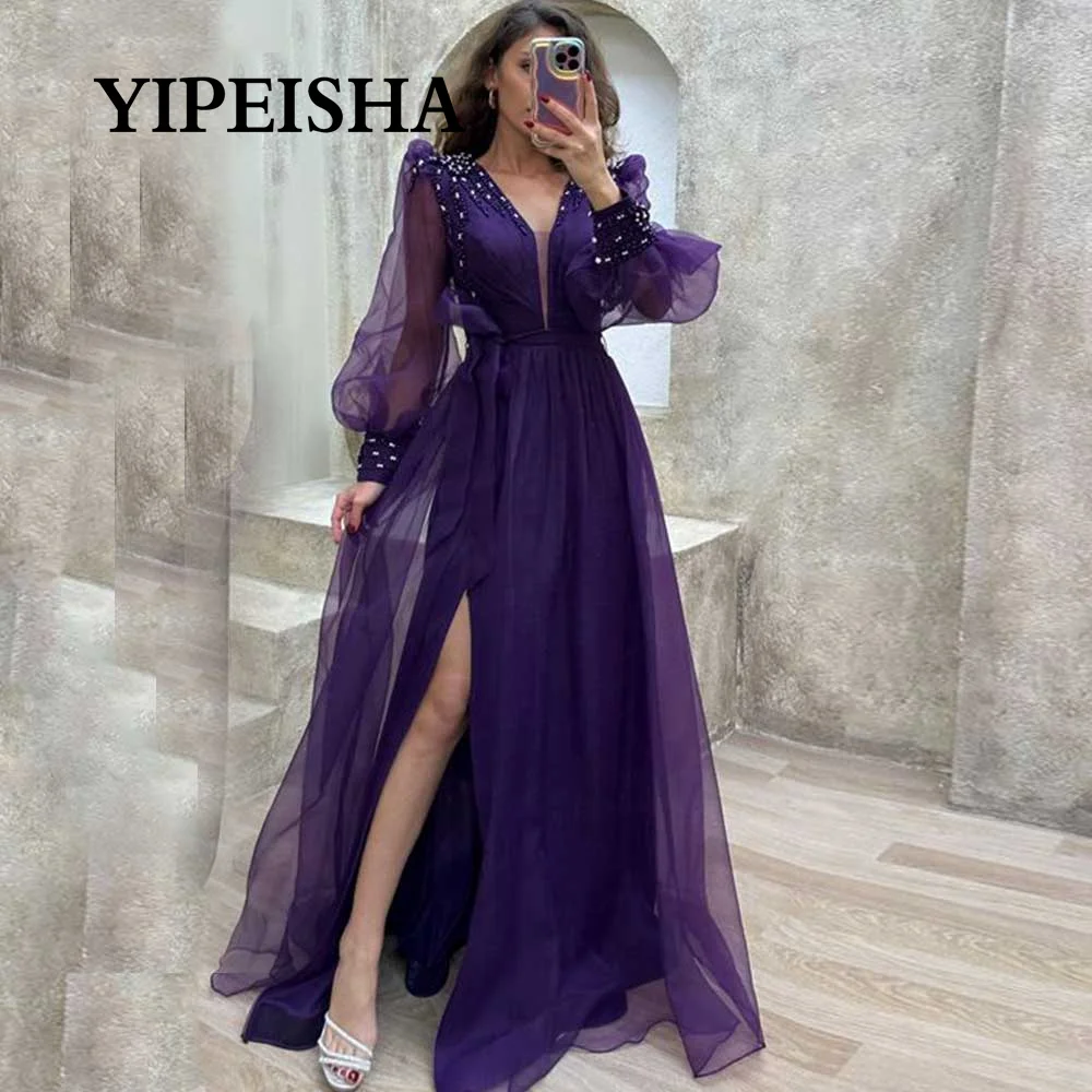 Customized A-Line Tulle Long Sleeve Evening Dress With Crystal Bow Decoration Deep V-Neck High Split Draped Casual N Women's Pr