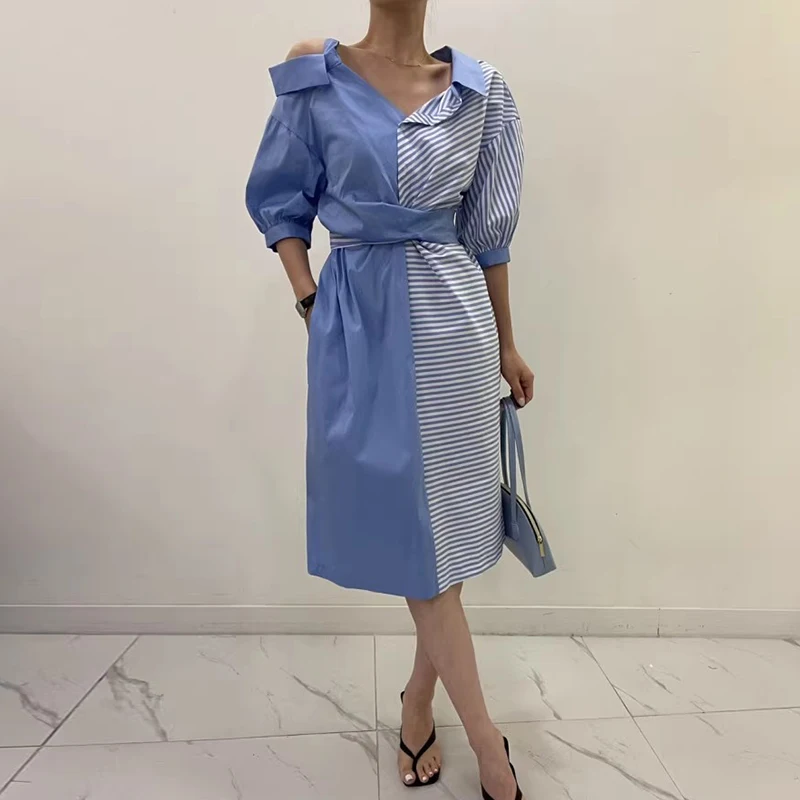 

SuperAen 2024 Korean Chic Summer Design Cropped Shoulder Patch Stripes Bubble Sleeve Long Dress