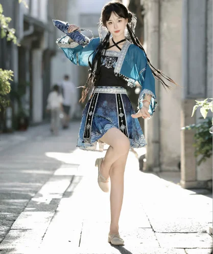New Chinese Style Sweet Cool Women Slash Neck Top Unique Fashion High Waist A-Line Blue Embroidered Skirt Set Travel Photography