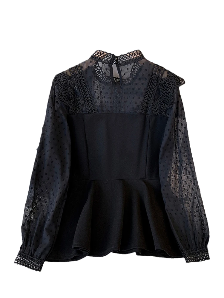 المرأة السوداء القوطية الشيفون قمصان البلوزات خمر أنيقة 2000s طويلة الأكمام الدانتيل المرقعة قميص للسيدات الملابس ربيع الخريف #4