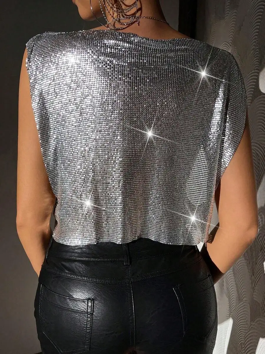 

Womens Metallic Sequin Crop Top For Party Stage Performance Summer