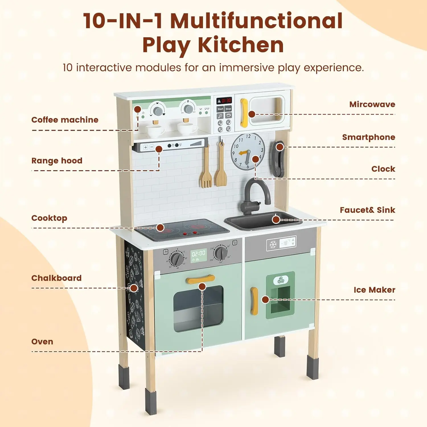Baw się w kuchnię drewniany zestaw kuchenny dla dzieci udający zabawki dla małych dzieci z prawdziwymi światłami i dźwiękami, z regulacją wysokości 3, kredek