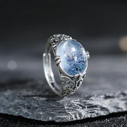 Vintage S925 Silver Men's Ring Natural Ore Pigeon Egg Aquamarine For Women Exquisite crystal Jewelry