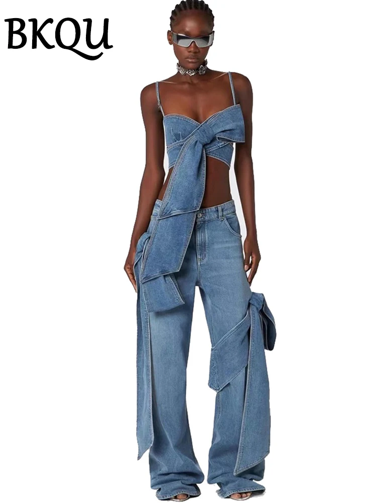 BKQU Denim Pants Set Women 2024 Designer Outfits Bows Spaghetti Straps Corset Tank Tops and Wide Leg Straight Jeans 2 Piece Sets