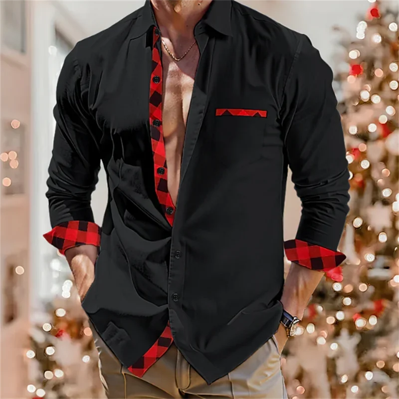 New Men Fashion Simple Office Business Casual Plaid Splicing Men's Shirt Soft Comfortable Lightweight Top Button Lapel Plus Size