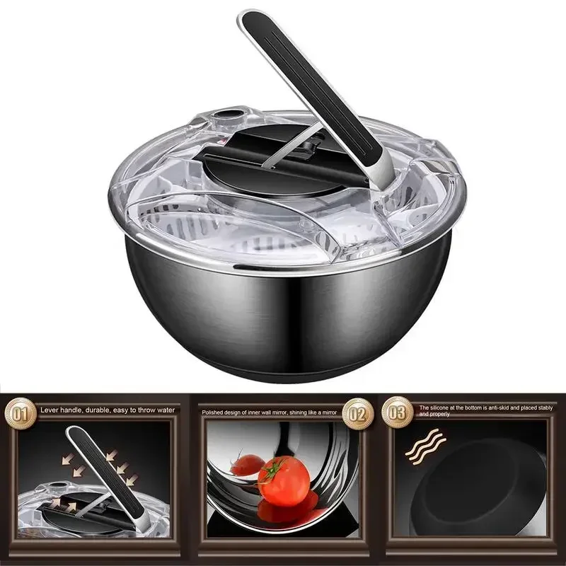 

Vegetable Dehydrator Stainless Steel Salad Spinner Fruit Cleaning Basin Rotating Double Layer Drain Basket Kitchen Accessories