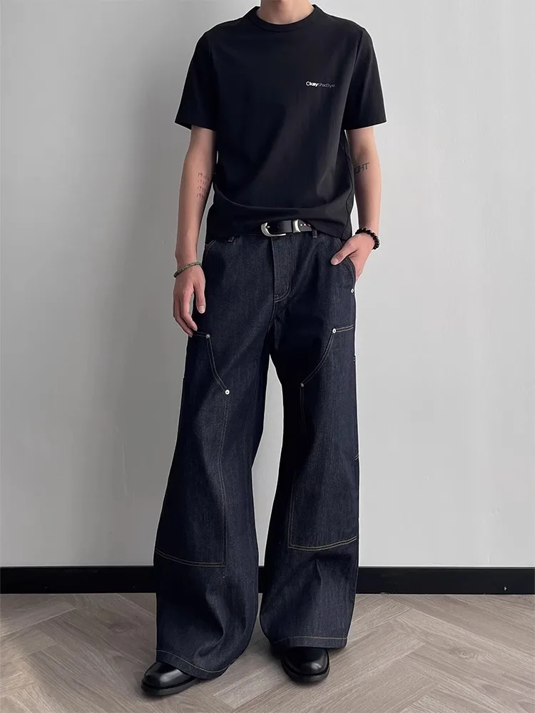 

American Retro Deep Blue Original Color Knee-High Workwear Jeans Loose Casual Deconstructed Patchwork Long Pants Unisex