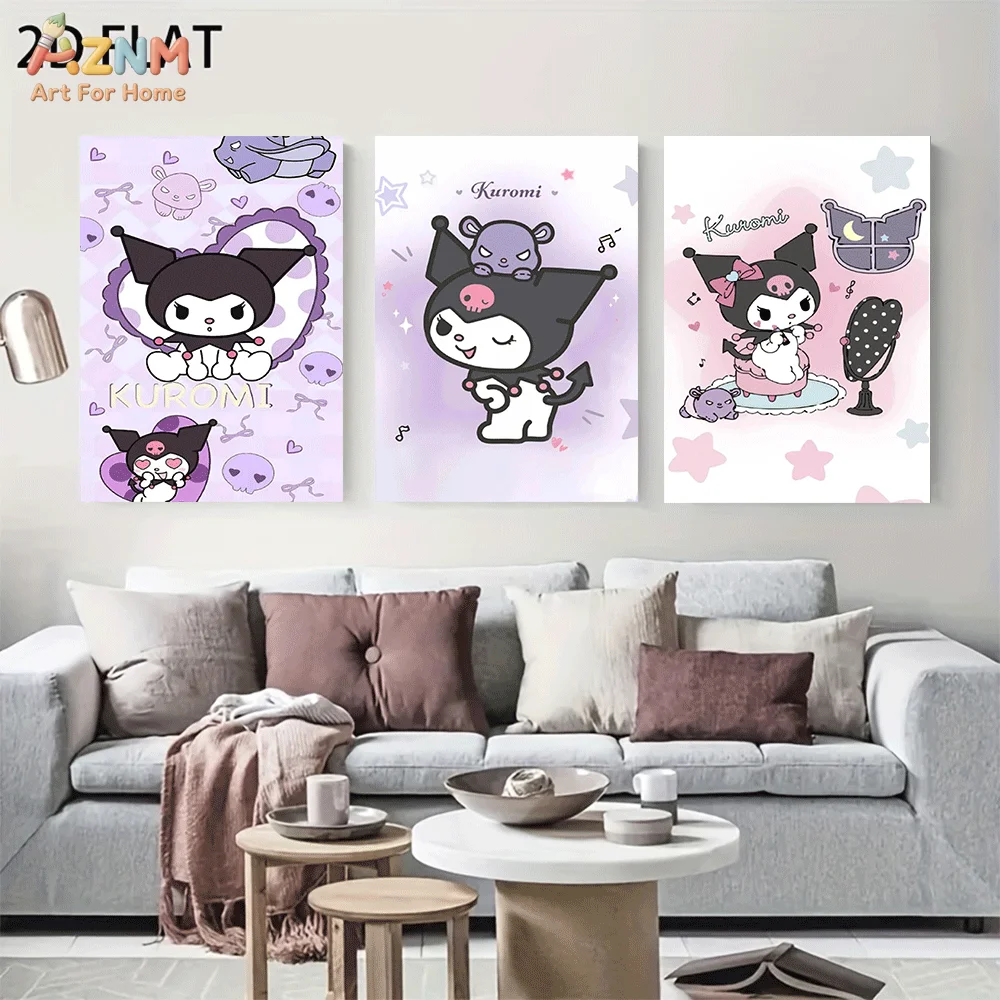 AZNM Kuromi Frameless Canvas Wall Art, Purple Heart Star Music Note Cute Cartoon Poster, Kawaii 2D Flat Print for Home Bedroom D