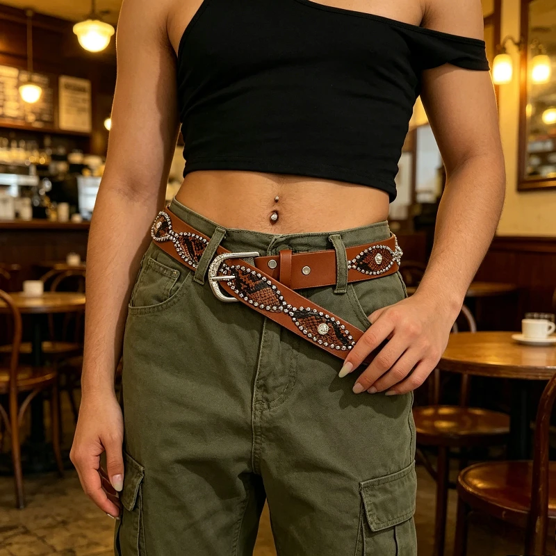 Women American Retro Punk PU Belt Snake Print Rivet Pearl Rhinestone Decor Y2K Jeans Trendy Waistband Fashion Accessory Gift