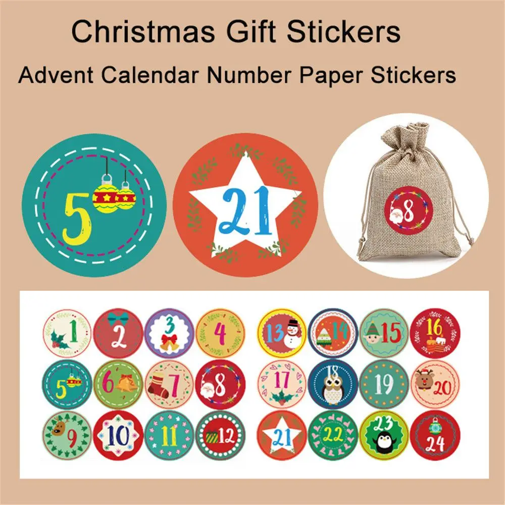 Merry Christmas Gift Stickers Advent Calendar Number Paper Stickers Gift Packaging Labels Decor Greeting Album Lable Stickers