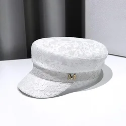 Women Caps with M Metal Sign Lace Floral Solid Newsboy Caps 2021 New Spring Octagonal Hat for Ladies White Black женский берет