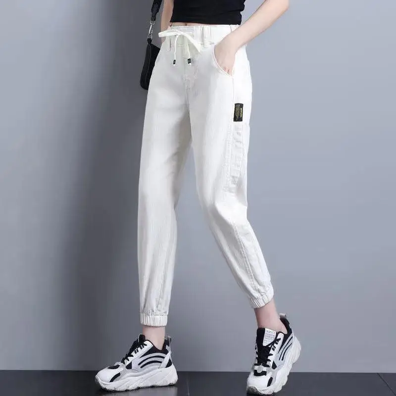 Women Autumn Korean Simplicity Loose Solid Color High Waist Harem Ladies Fashion All-match Appear Thin Cowboy Cropped Pants