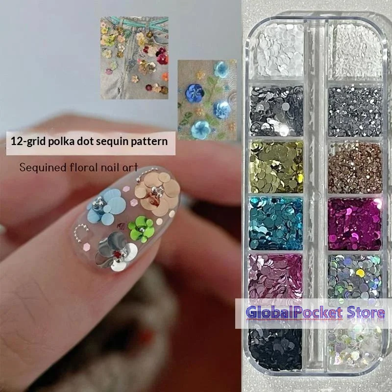 [TG823]12 Grids Round Dot Floral Nail Art Sequins With Shiny Glitter Various Colors For Home DIY Nail Salon Manicure Decoration