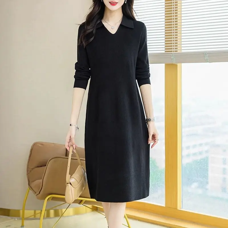 Autumn Winter Fashion Long Sleeve Turn-down Collar Solid Dresses Women\'s Clothing Waist Retraction French Style Knitting Dresses