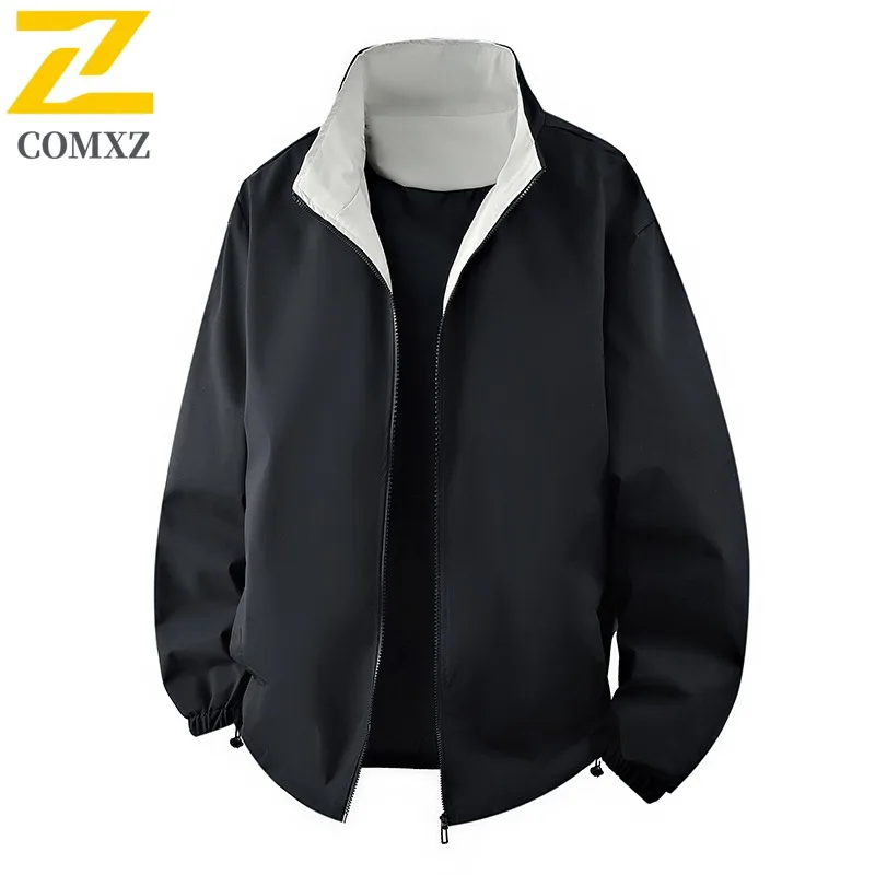 سترة رجالية كاجوال بياقة واقفة من COMXZ سترات ركوب الدراجات النارية مقاومة للرياح لون نقي معطف خريفي مريح حضري #6