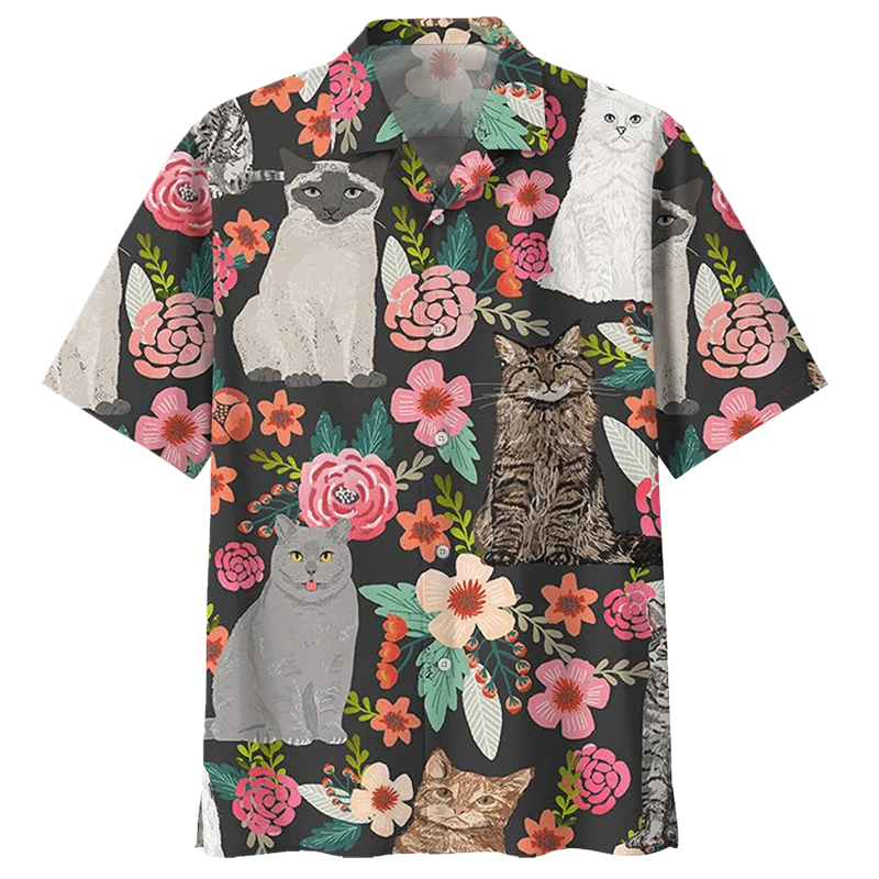 Cute Cat Pattern Hawaiian Shirt For Men 3D Printed Animal Short Sleeves Loose Lapel Shirts Summer Street Y2k Button Blouses