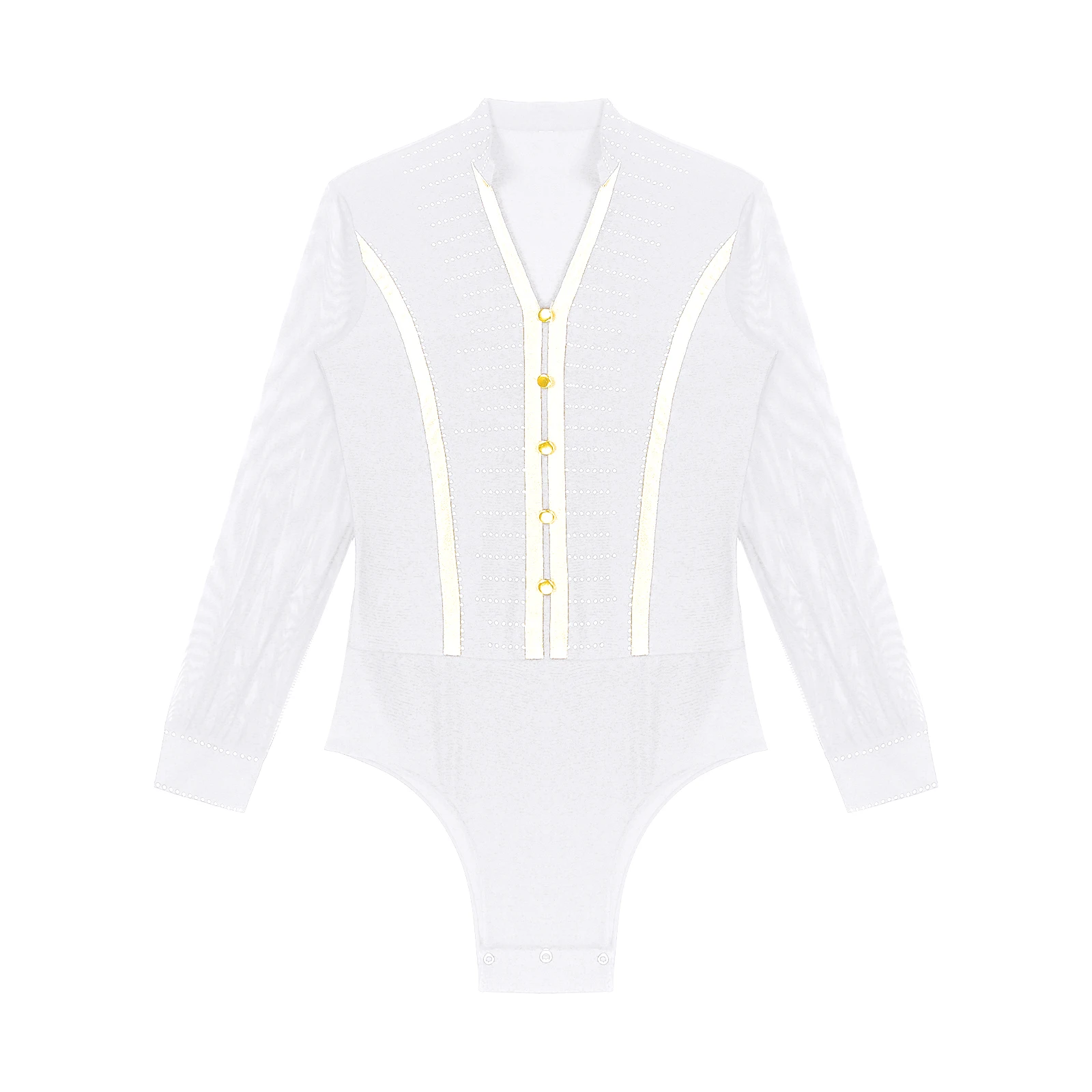 Traje de baile latino Samba de salón de gimnasia con diamantes de imitación brillantes para hombre, mono de malla transparente con cuello en V, mono de leotardo de manga larga