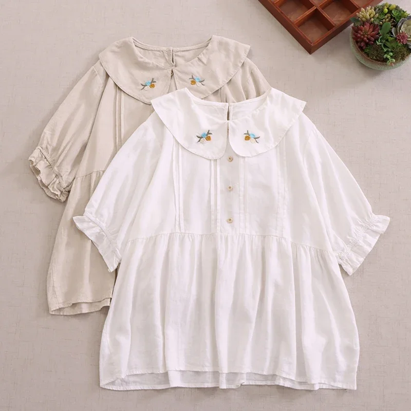 

Summer Mori Girl Sweet Floral Embroidered White Shirt Women Kawaii Peter Pan Collar Short Sleeve Casual Loose Blouse Blusas Tops