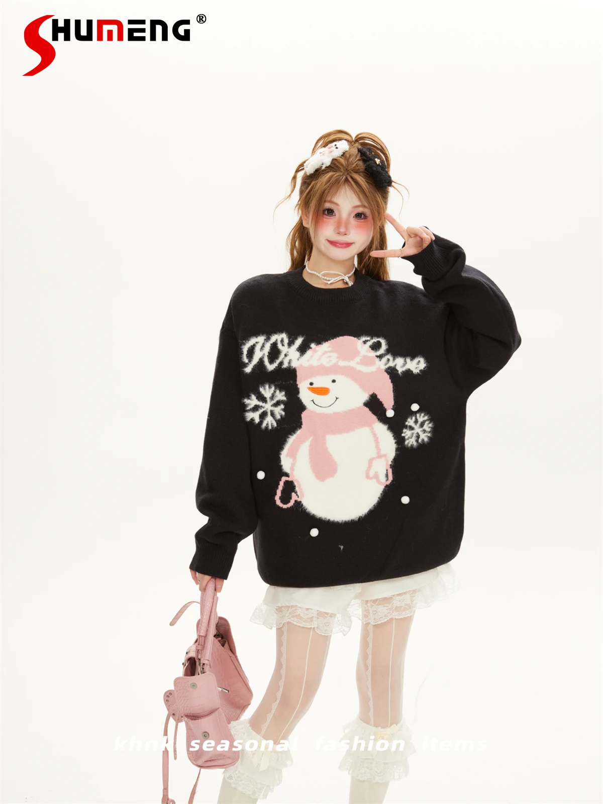 

Christmas Cute Cartoon Snowman Jacquard Sweater Round Neck Long Sleeve Loose Lazy Casual Knitted Pullover Tops for Women Winter