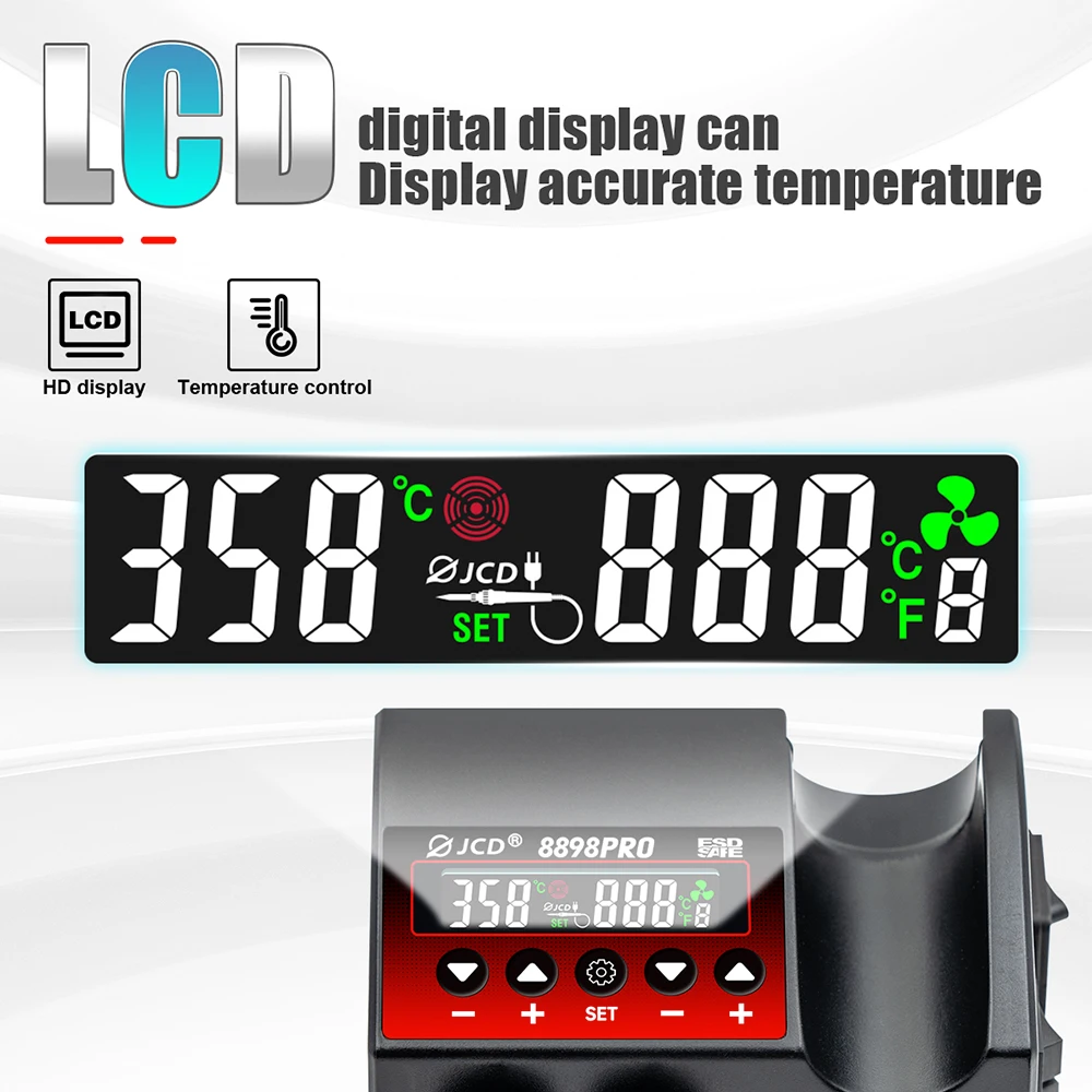 JCD-Estación de soldadura 2 en 1, 750W, 8898Pro, pantalla LCD, temperatura ajustable, Control de flujo de aire, BGA, SMD, IC, herramienta de