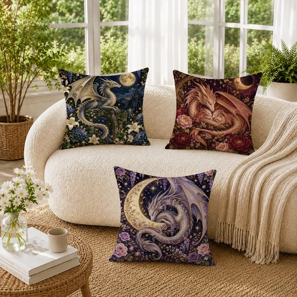 Sleepy Dragon Enchanted Forest Cushion Cover Soft Short Plush Pillow Cases Hidden Zipper Cutecore Sofa Bedroom Home Decor Gift