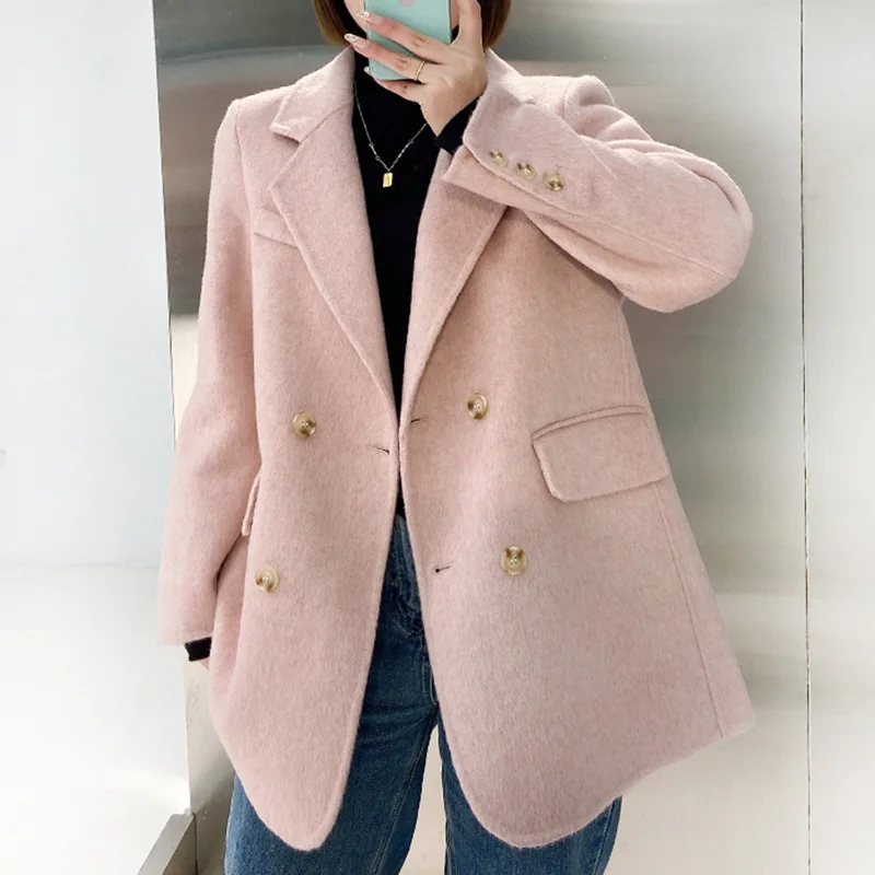 Women Double Sided Wool Blazer Solid Color Coat Fashion Turn-down Collar Double-breasted Spring Autumn2023 Versatile Casual Top