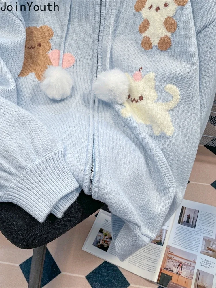 Pull décontracté à capuche avec fermeture éclair pour femme, manteau côtelé japonais, cardigan à la mode avec motif de dessin animé