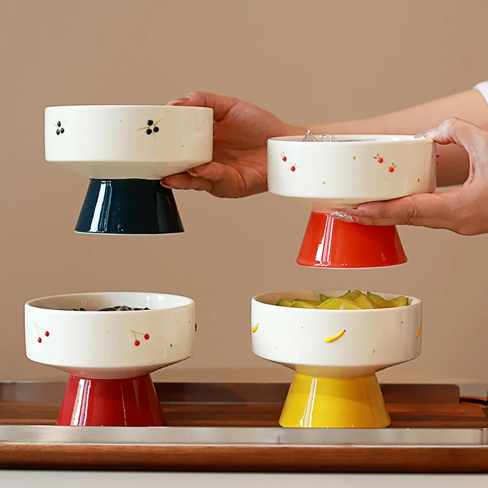 

High Legged Ceramic Plate Creative Relief Contrast Color Household Tableware Afternoon Tea Snacks Sugar Dessert Fruit Plates