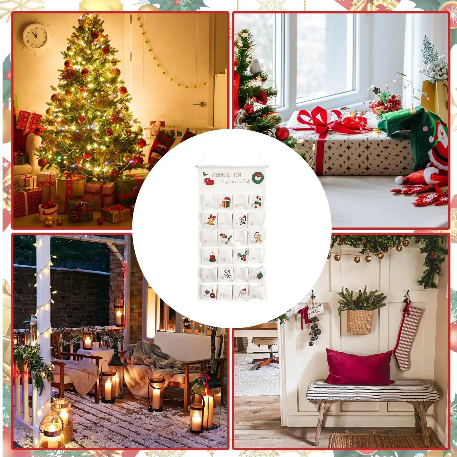 

Рождественский карманный календарь обратного отсчета, многоразовая праздничная тканевая сумка для хранения, Рождественский адвент-календарь обратного отсчета с 24 карманами для