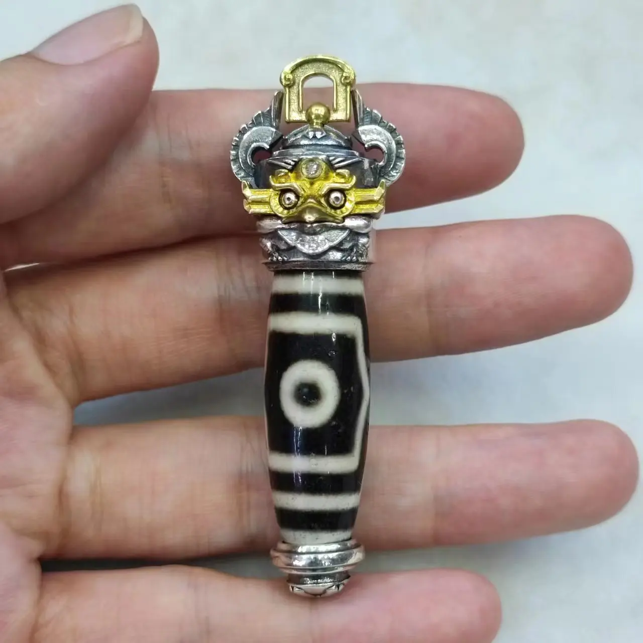 1pcs/lot natural multi-eye pattern old onyx dzi necklace pendant Set with 925 silver Vajra pestle giant peng bird shape amulet