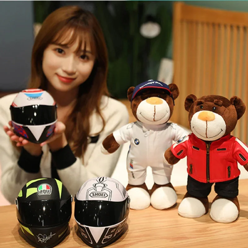 30cm Cool Motorcycle Bear Plush Toys With Helmet Creative Locomotive Racing Bears Doll Soft Car Decor Pillow Kids Boys Gifts