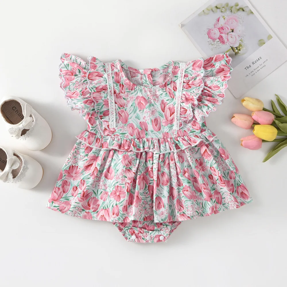 

Baby Girl Floral Romper Princess Ruffle Sleeve Wrap Jumpsuit Newborn Infant Summer Thin Cotton Breathable One Piece 0-24M