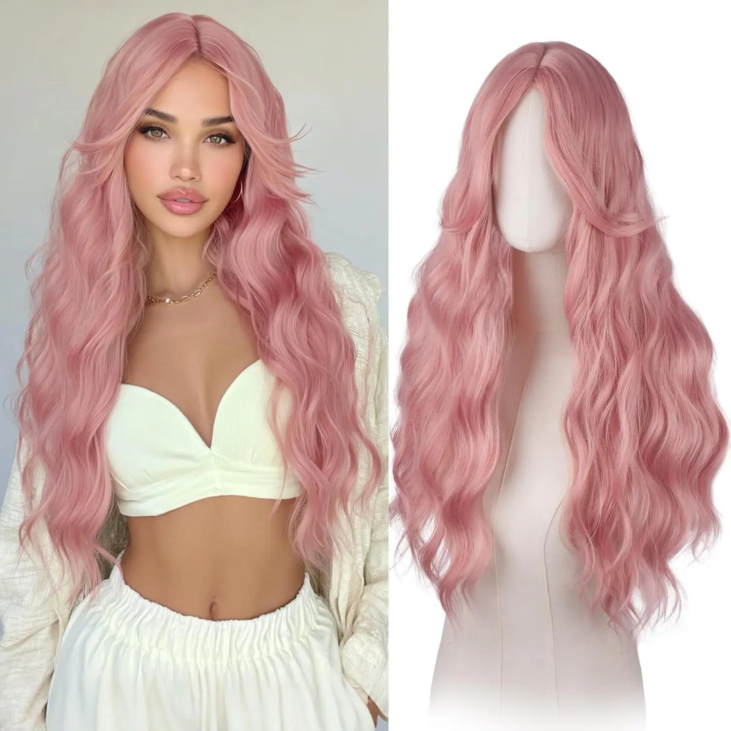 

Synthetic wig for European and American women, fashionable pink middle-part long wavy hair wig with a lazy and elegant style